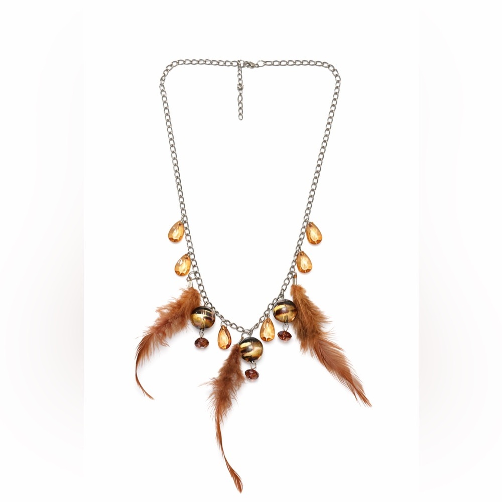 Anthropologie Boho Feather Amber Crystal Charm Chain Statement Necklace